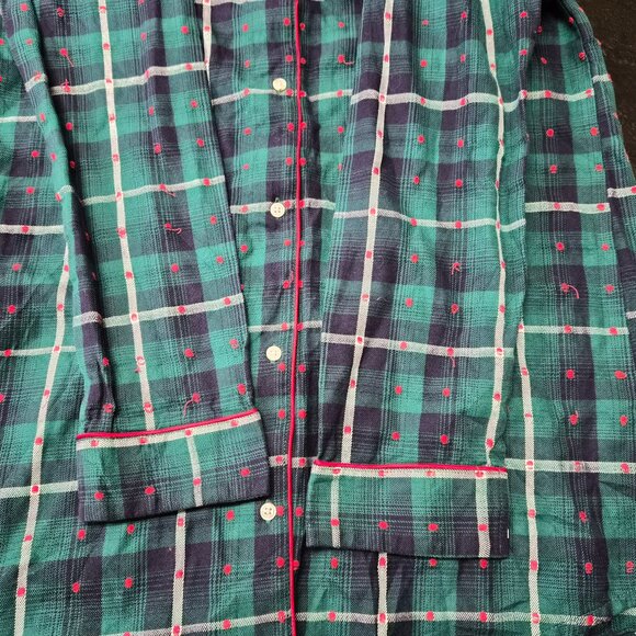 Lord&Taylor Cotton Plaid Nightshirt Pajama Top M Green with Red Embroidered Dots - Picture 5 of 6